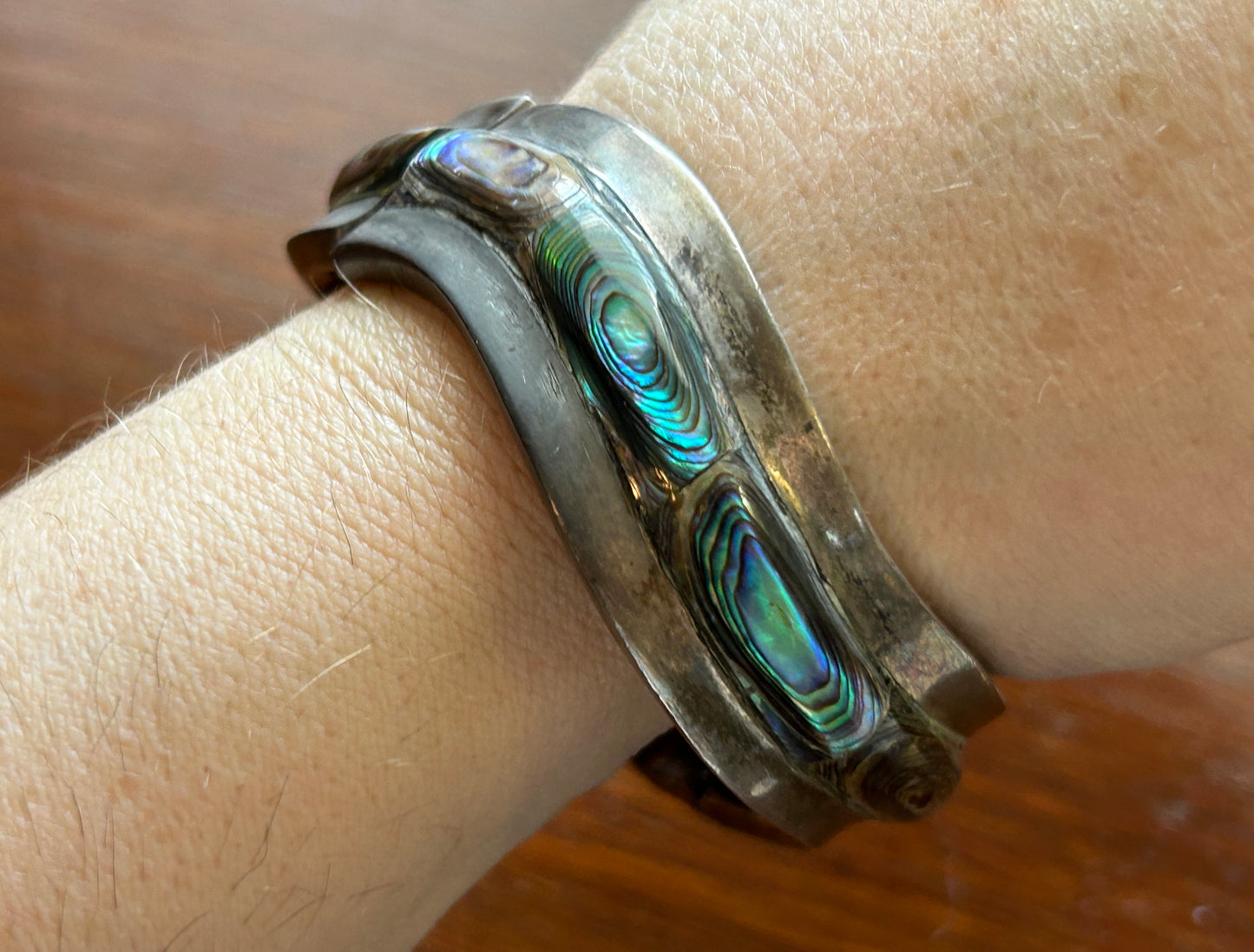 Heavy Sterling Silver 925 Abalone Inlay Clamper Bracelet