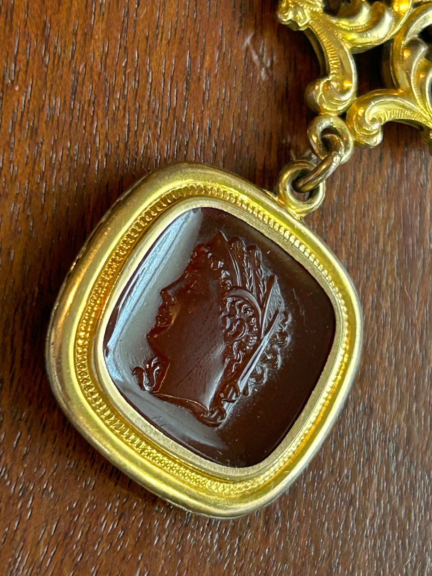 Antique Gold Tone Cameo Carnelian Watch Fob Mesh Brooch