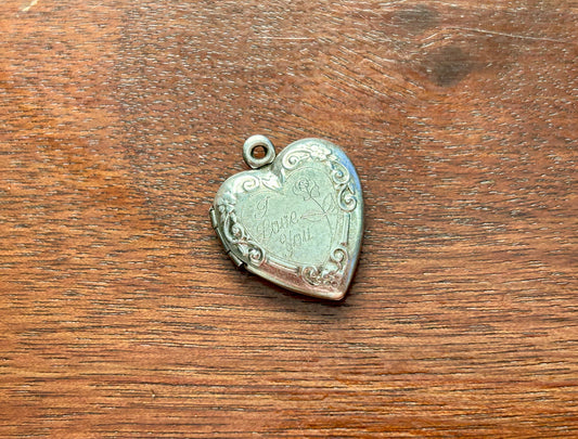 Vintage Etched "I love you" Heart Shaped Sterling Silver Rose Locket Pendant