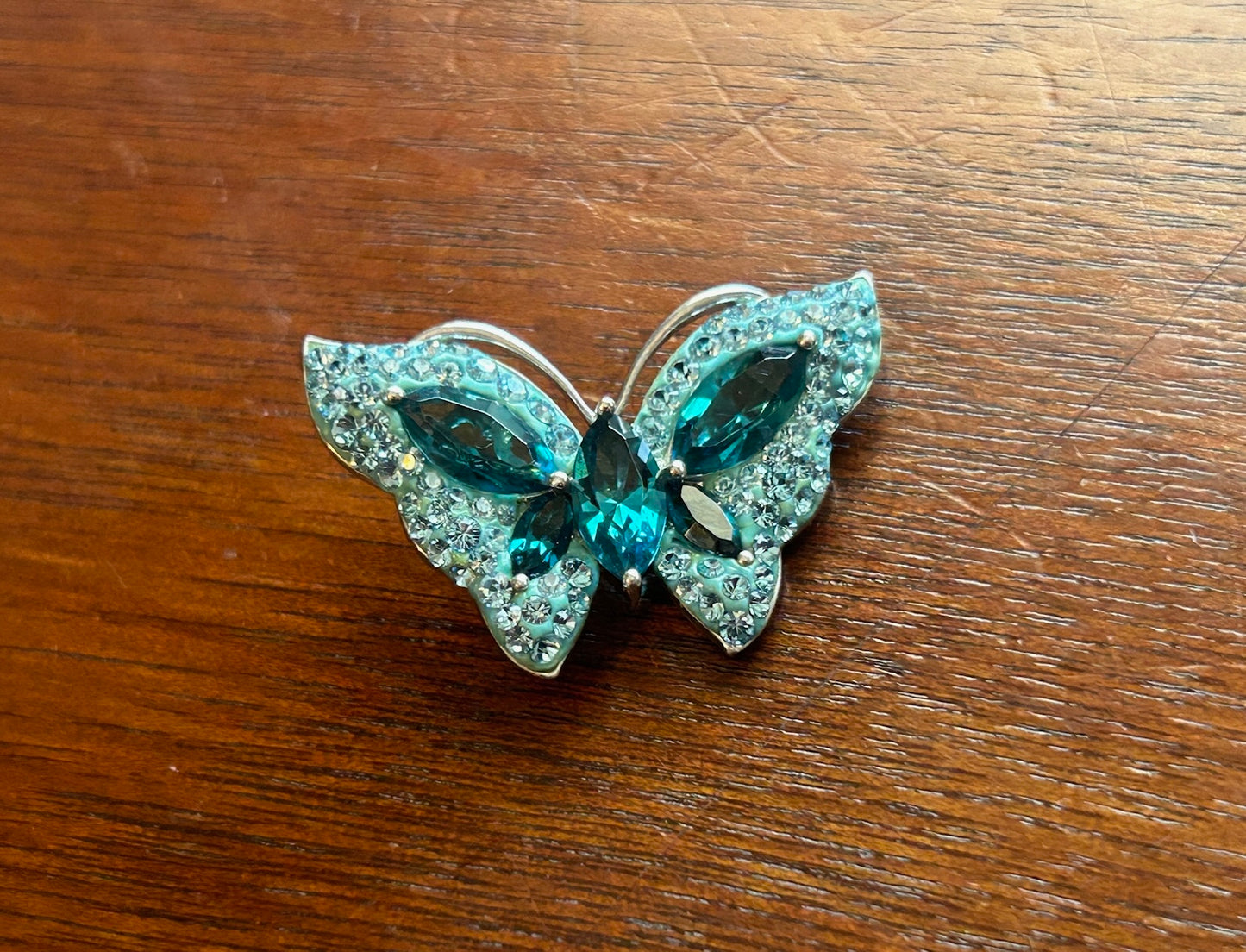 Signed AU Sterling Silver 925 Teal Blue Rhinestone Butterfly Slide Pendant