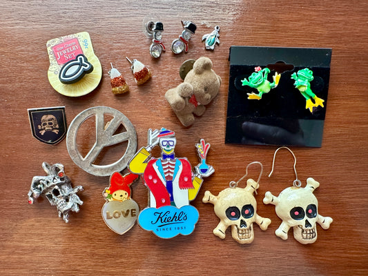 Vintage to Now Lapel Pin Pinback Earring Frog Peace Skill Skeleton Teddy Bear