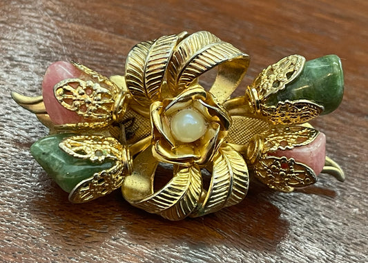 Vintage Green Pink Stone Gold Tone Faux Pearl Brooch Pin