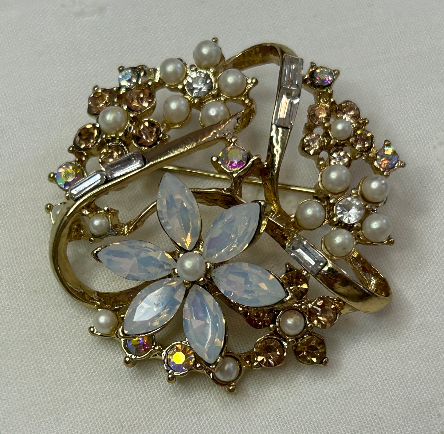 Vintage Gold Tone Rhinestone Baguette Multicolor Brooch Pin