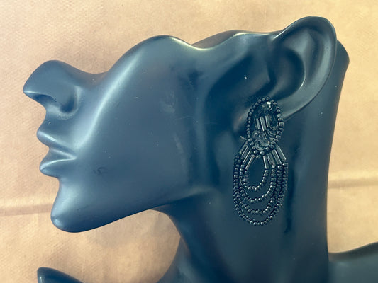 Vintage Black Hand Beaded Pierced Earrings
