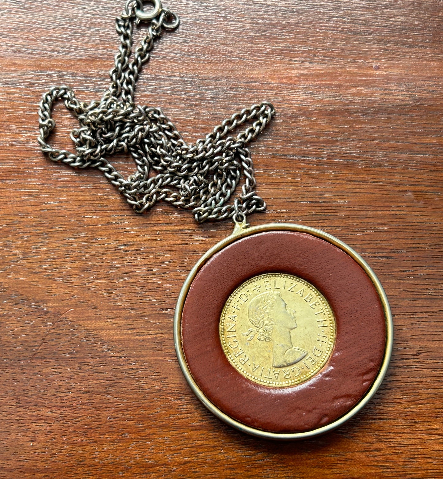 Vintage Elizabeth II Regina Coin Token Pendant Necklace Faux Red Leather
