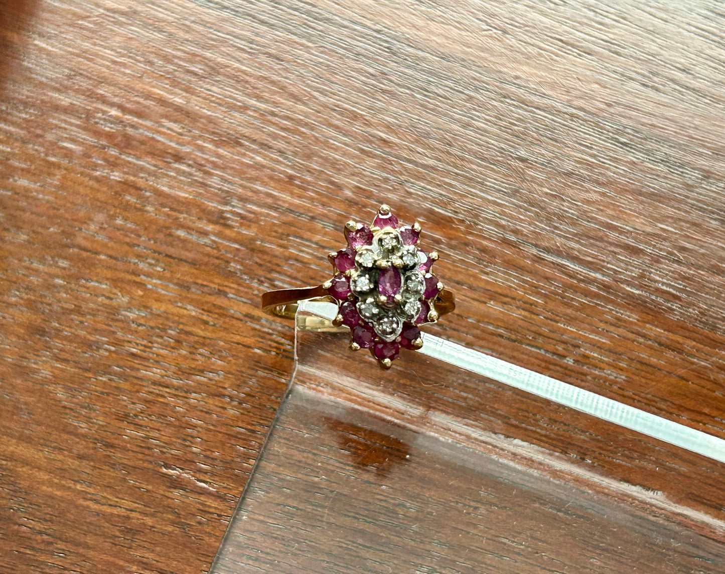 10k Yellow Gold Ruby Diamond Cluster Cocktail Ring Signed INT Sz 7.25