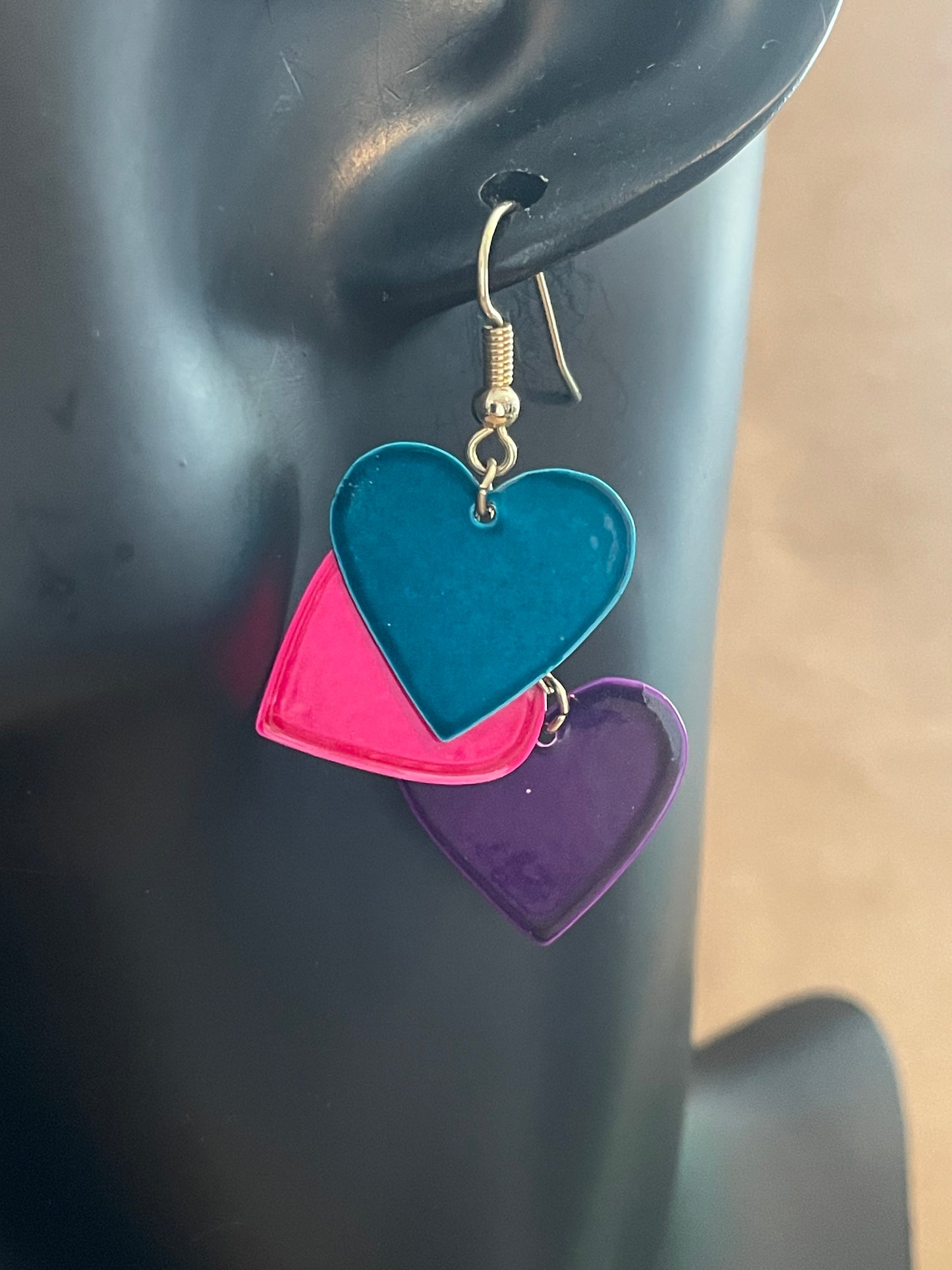 Gold Tone French Wire Multicolor Heart Blue Pink Dangly Drop Earrings