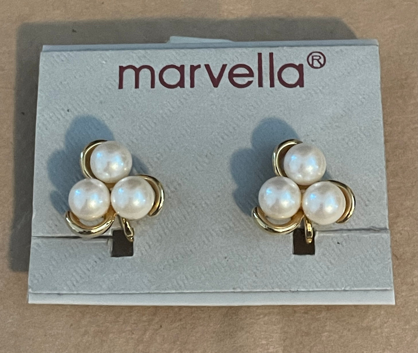 Vintage Marvella Gold Tone Faux Pearl Clip on Earrings