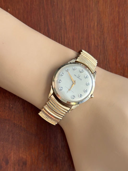 Vtg 10k Yellow Gold Filled Diamond Helbros Women's Wristwatch Stretch Band