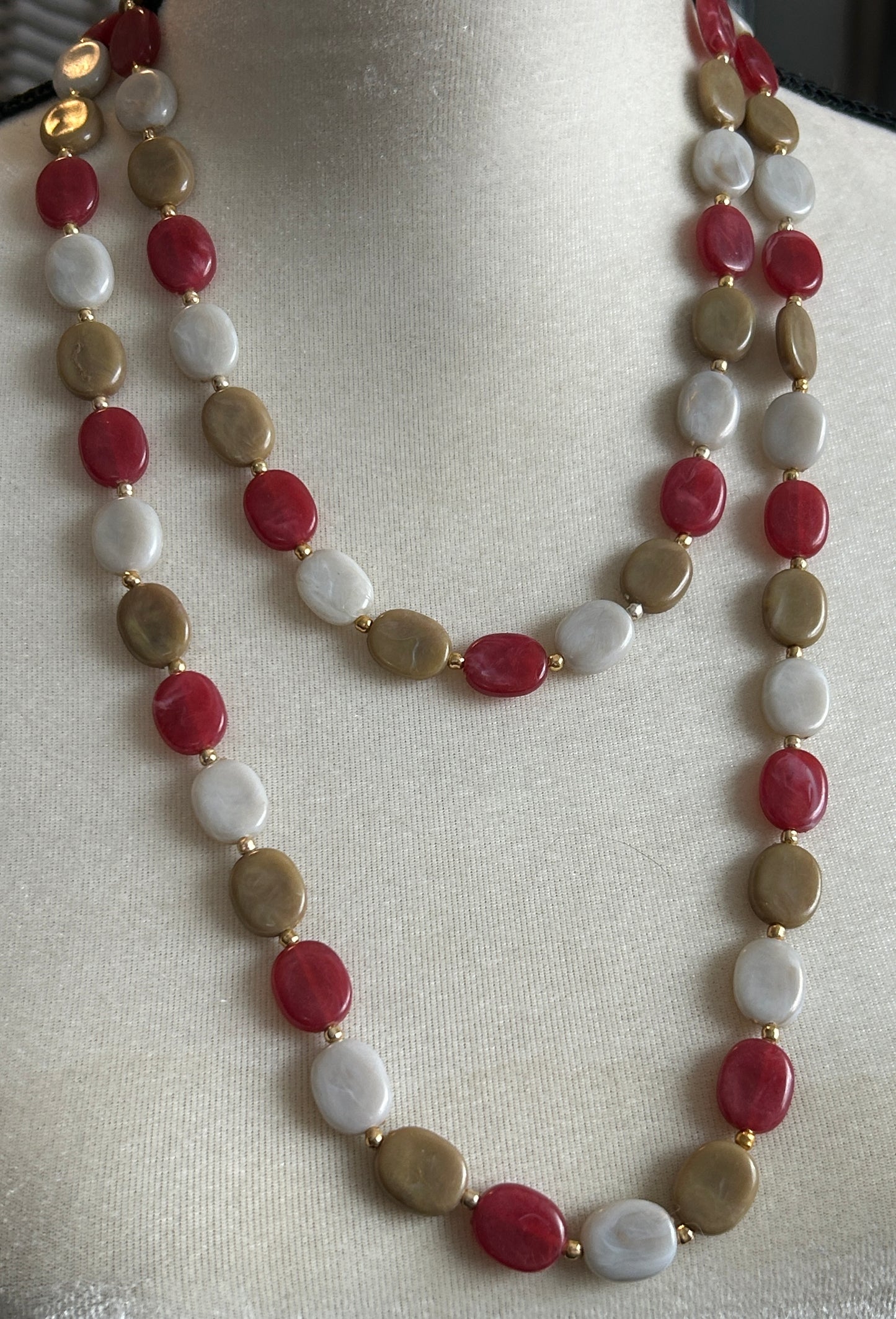 Vintage Red White Greenish Tan Flat Oval Beaded Long Opera Length Necklace