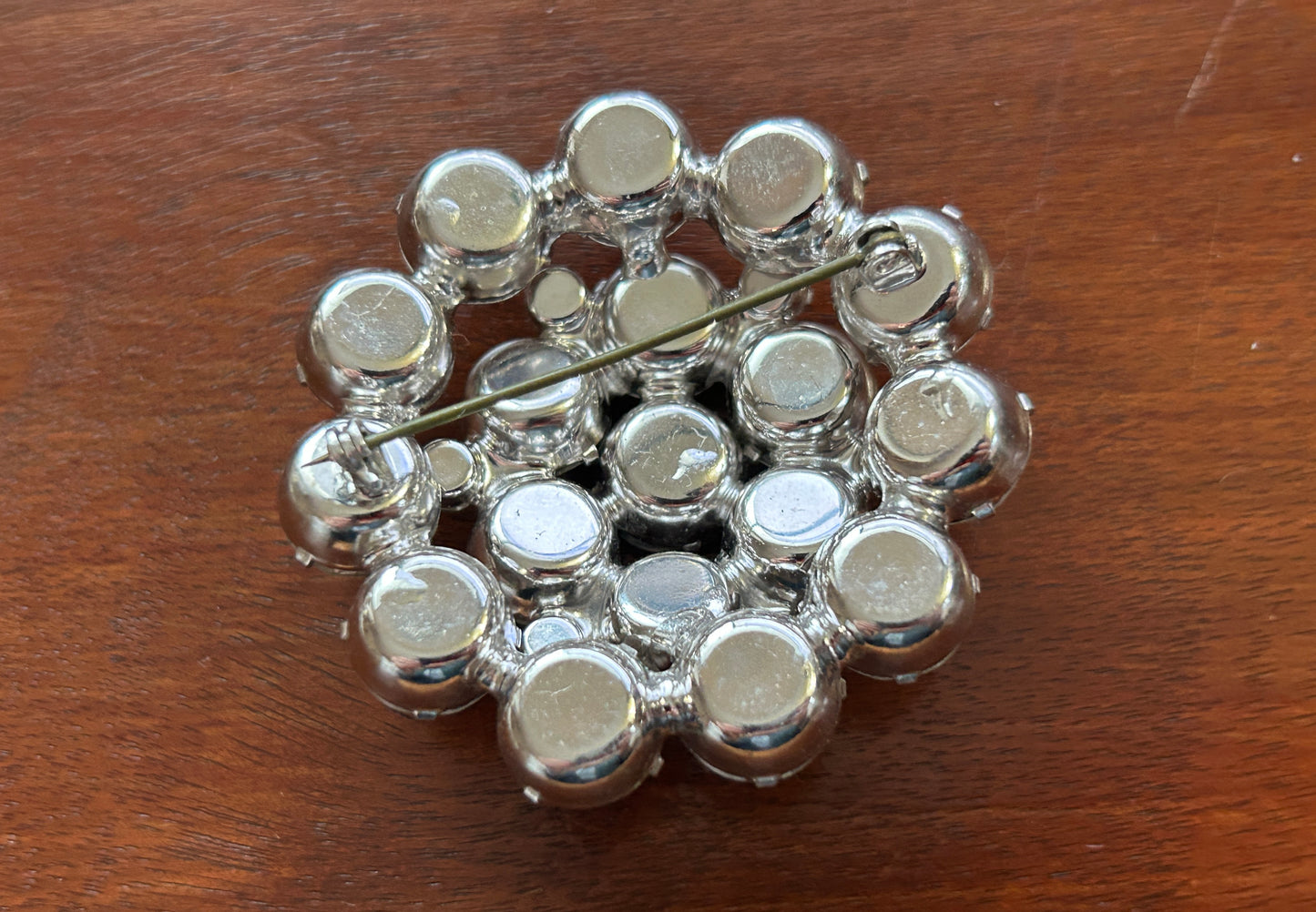 Vintage Silver Tone Round Cluster Rhinestone Large Brooch Pin