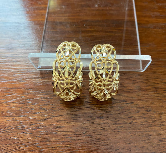 14k Yellow Gold Hoop Earrings Pierced Filigree Diamond Cut Wide