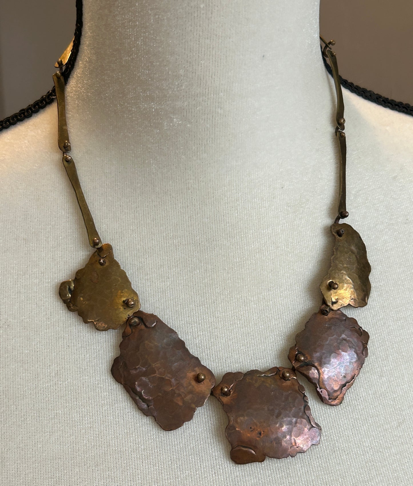 Vintage Hammered Brass Copper Brutalist Necklace