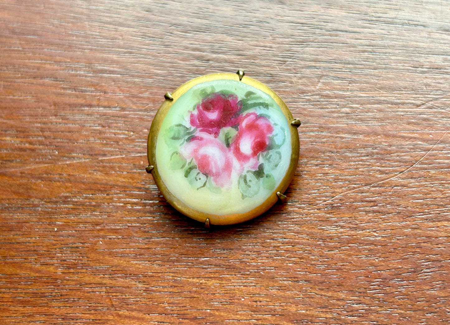 Vintage Small Gold Tone Round Handpainted Porcelain Brooch Pin