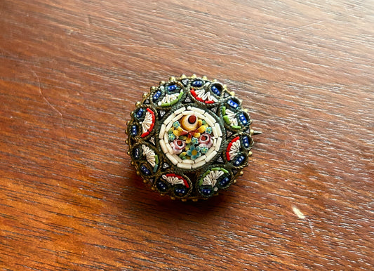 Vintage Micro Mosaic Round Flower Brooch Pin Multicolor