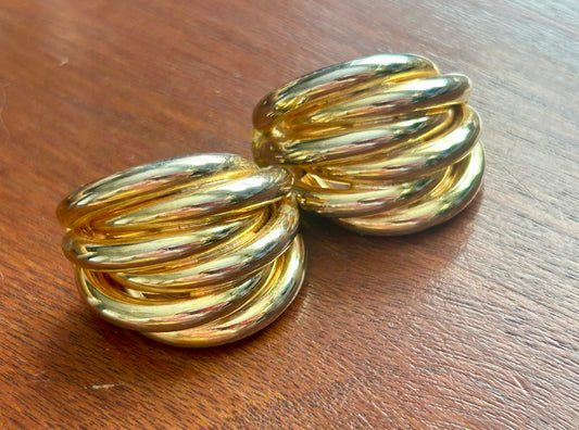 Vintage 80's Gold Tone Large Statement Runway Clip On Earrings