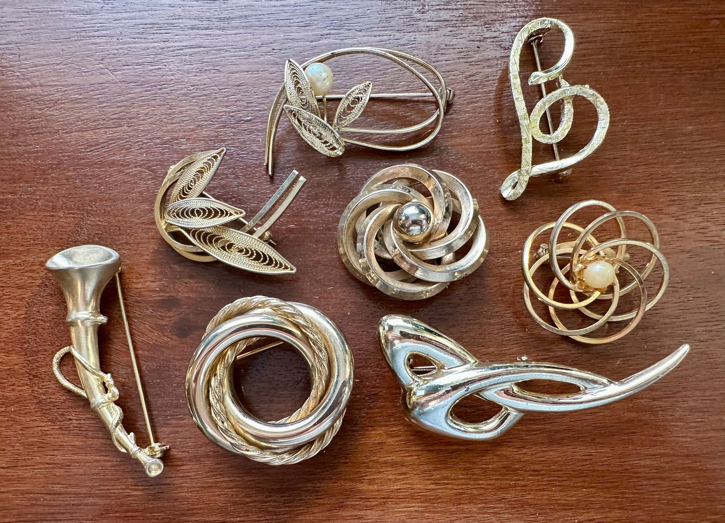 Vintage Gold Tone Brooch Lot Faux Pearl Flower Horn Abstract Swirl More