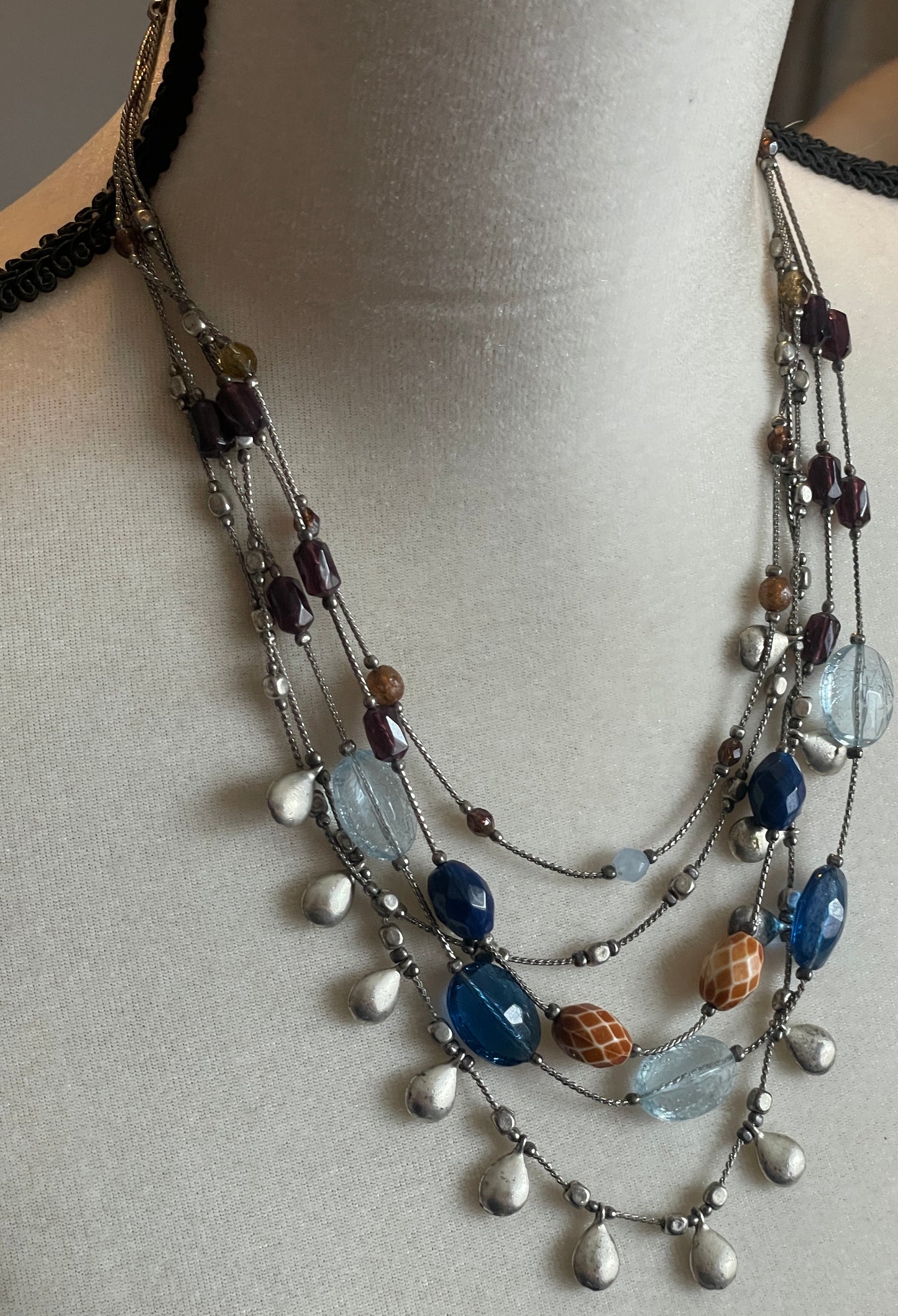 Vintage Multi Strand Bead Necklace Blue Orange Silver Tone