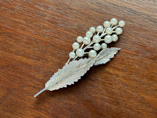 Vintage Signed Crown Trifari Silver Tone Pearl Branch Leaf Flower Brooch Pin