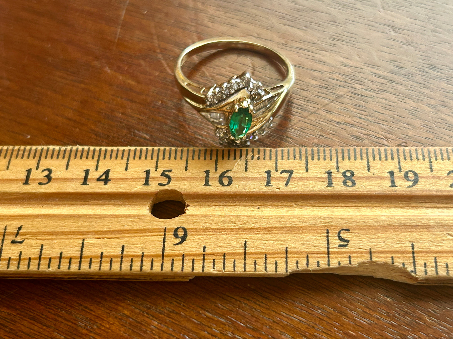 10k Yellow Gold Simulated Marquise Emerald Diamond Baguette Ring Sz 9.25