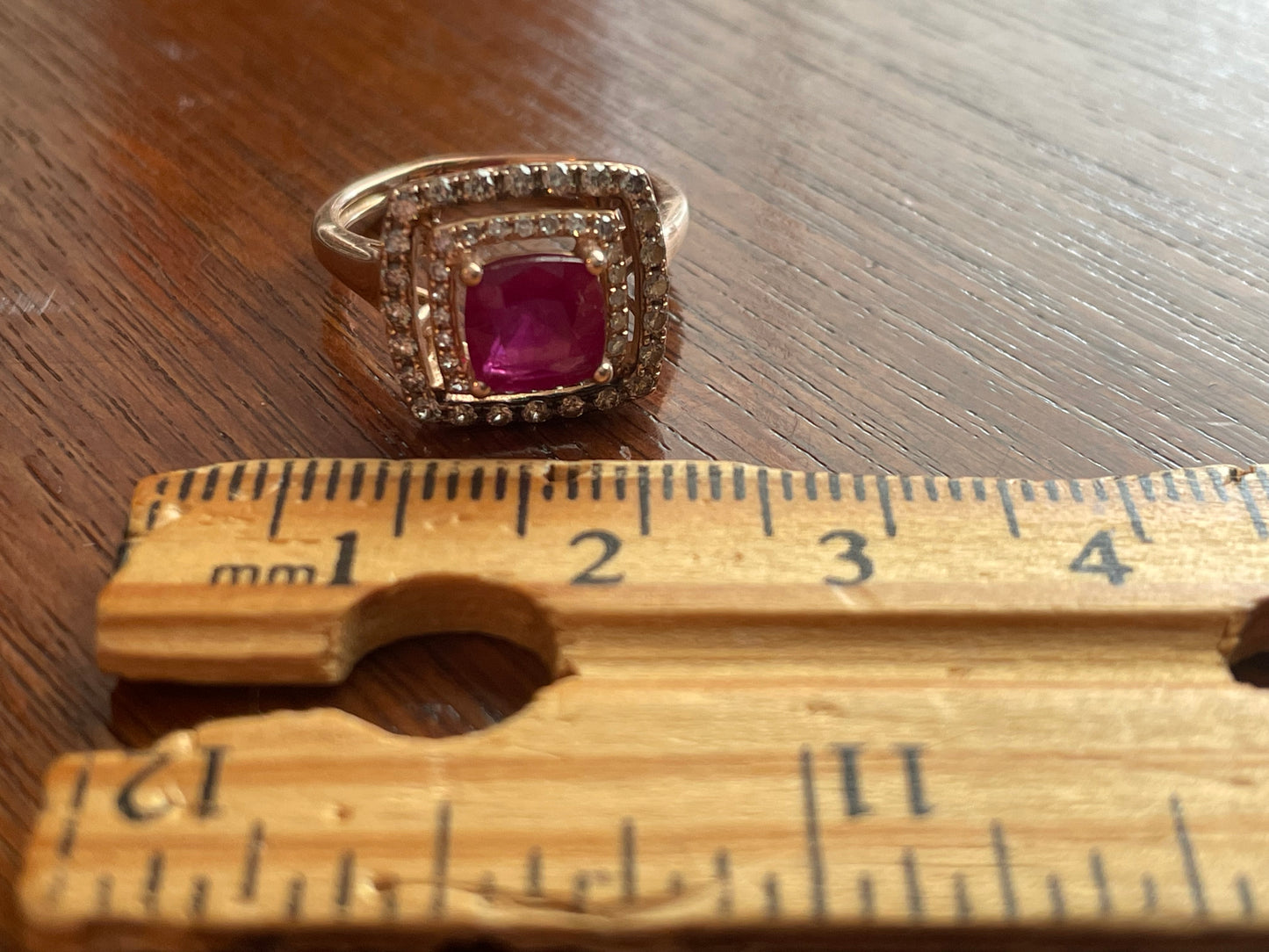 14k Rose Gold Effy Princess Cut Ruby Diamond Halo Ring Sz 4.5