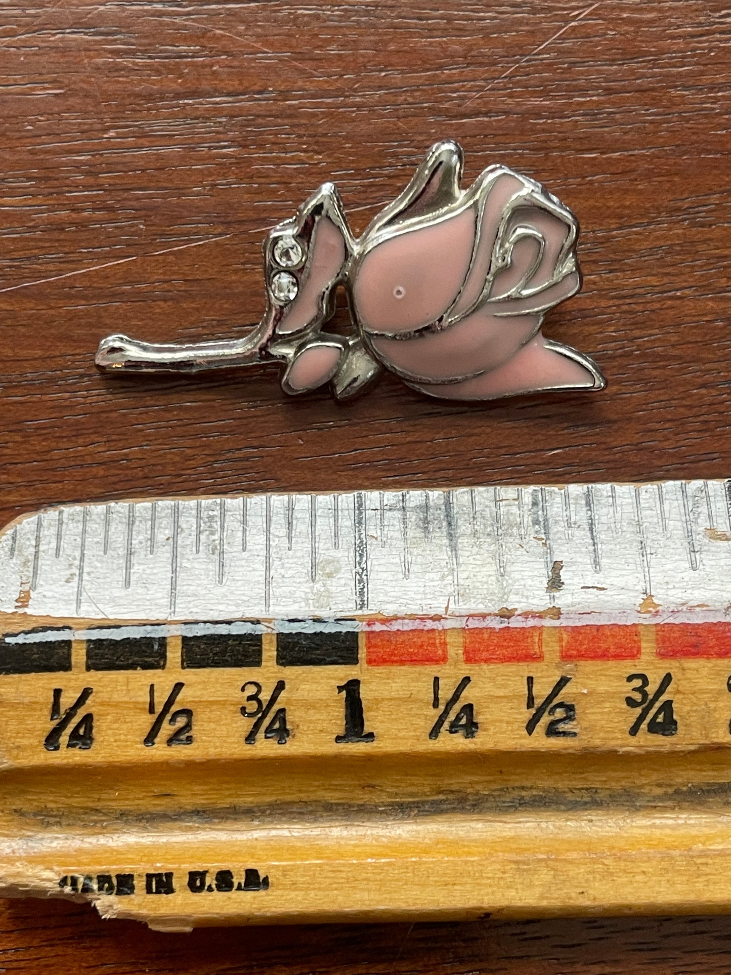 Vintage Pale Pink Enamel Long Stem Rose Silver Tone Brooch Lapel Pin