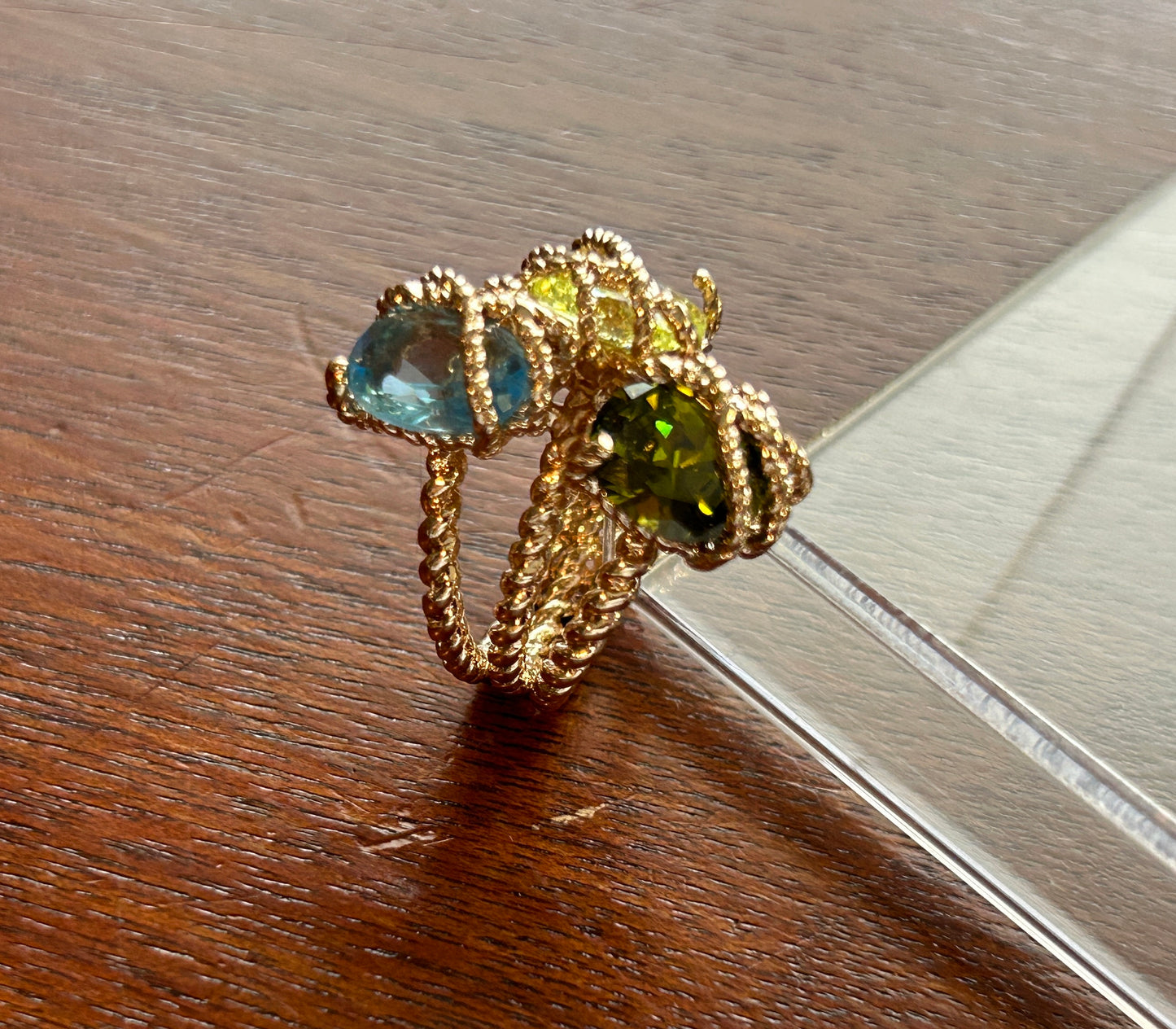 Gold Plate Simulated Gemstone Wire Wrap Cocktail Ring Sz 4.75