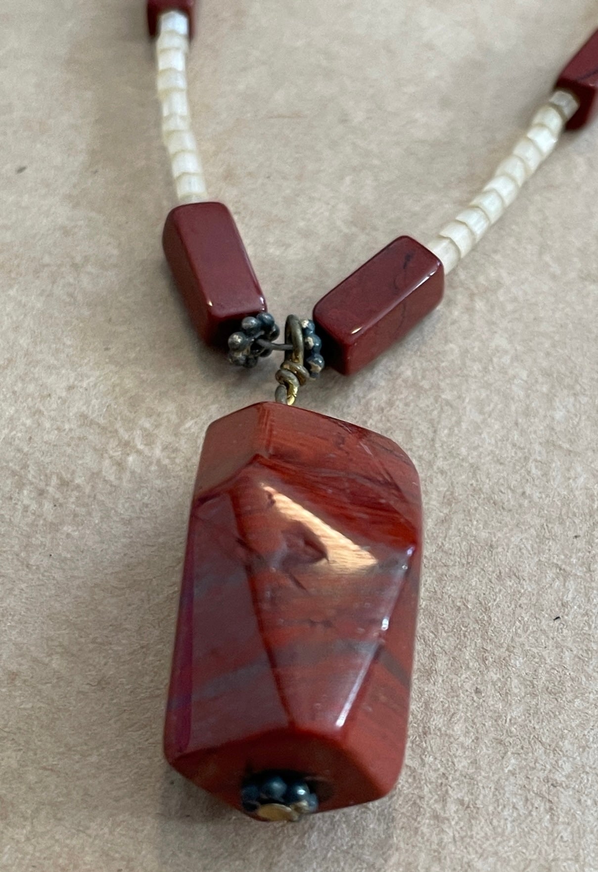 Vintage Red Jasper Mother of Pearl Bead Pendant Necklace