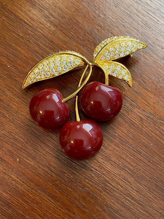 Joan Rivers Signed Gold Tone Rhinestone Cherry Cluster Brooch Pin