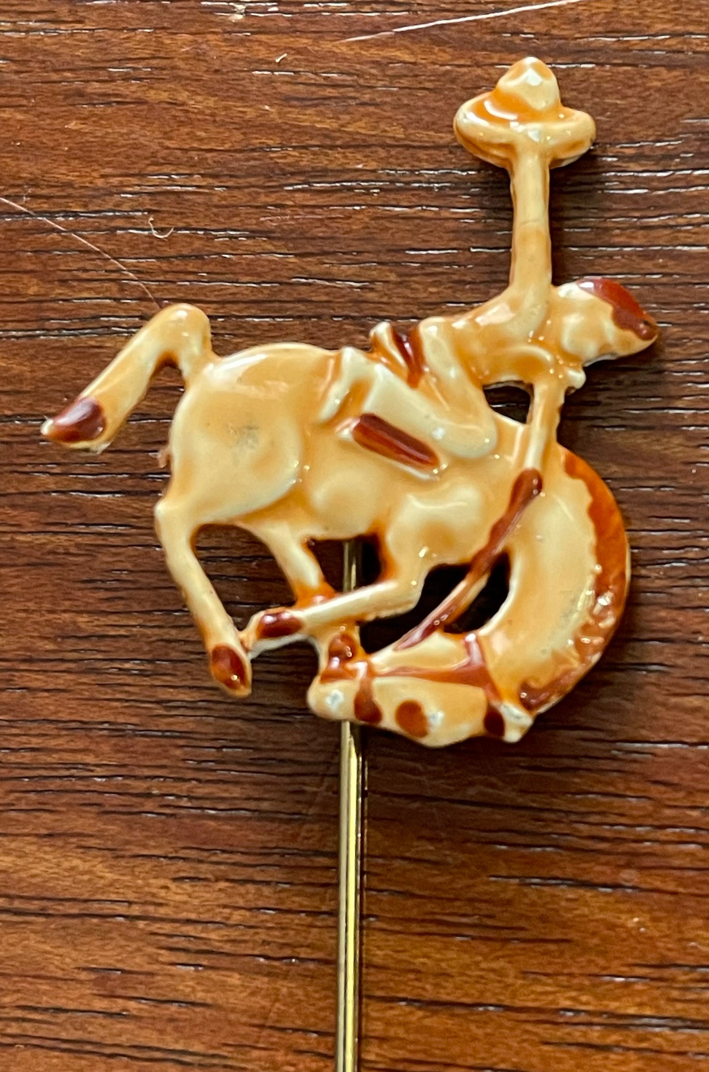 Vintage Glazed Ceramic Rodeo Horse Stick Hat Pin Bucking Bronco