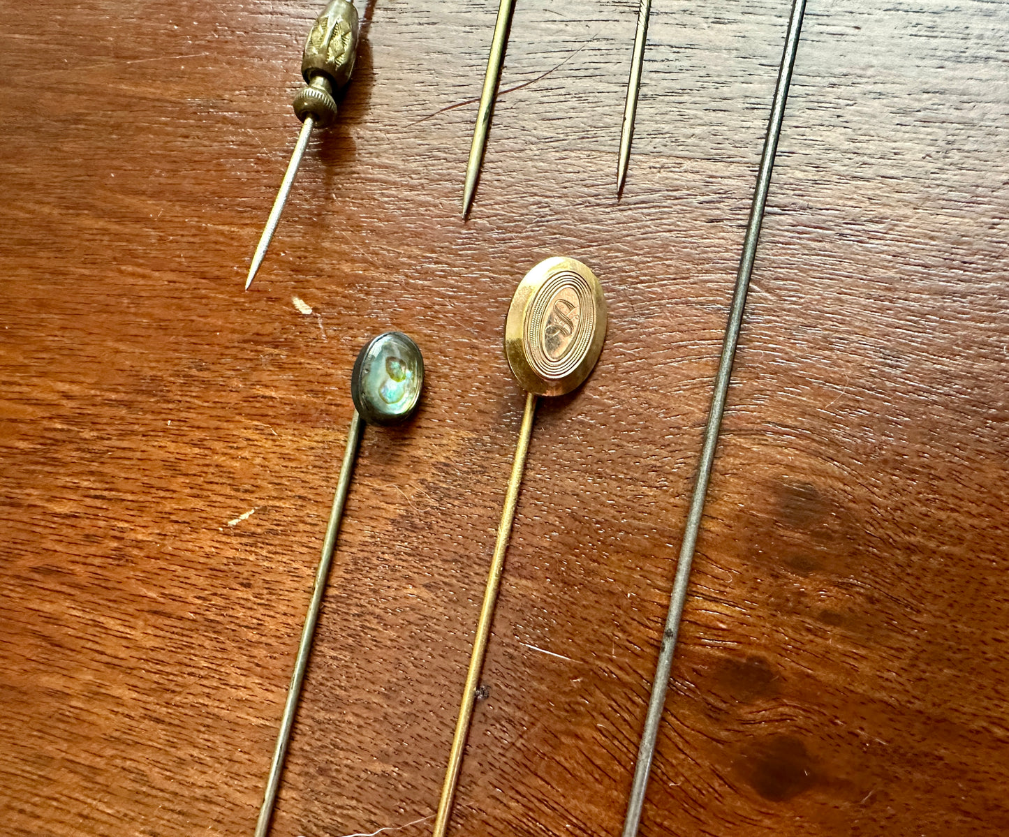 Antique Vintage Hat Stick Pin Lot Abalone Gold Tone Monogram Rhinestone Amethyst