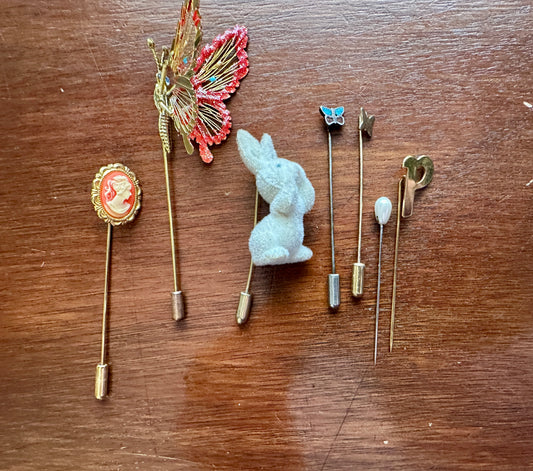 Vintage Hat Stick Pin Lot Bunny Rabbit Butterfly Cameo Gold Tone Monogram Letter