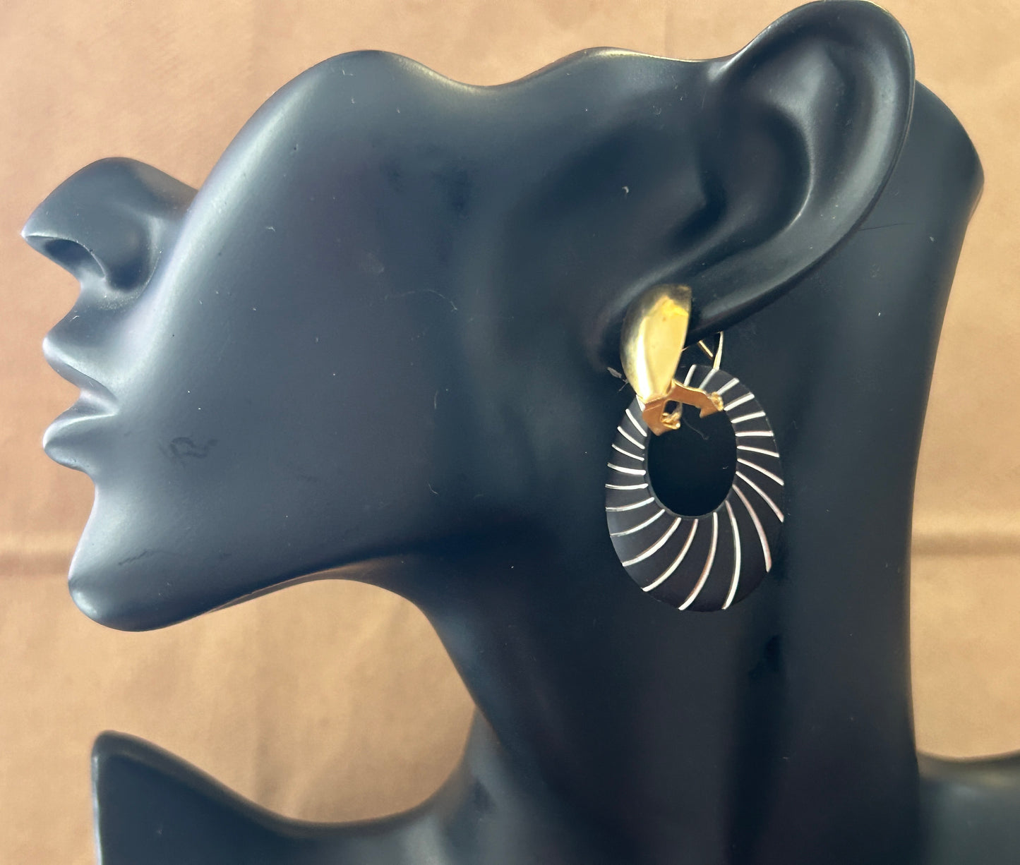 Vintage Gold Tone Black Silver Zebra Knocker Pierced Earrings