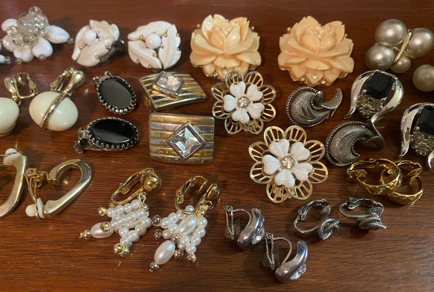 Vintage Clip on Earrings Lot Rose Pearl Porcelain Thermoset Gold Silver