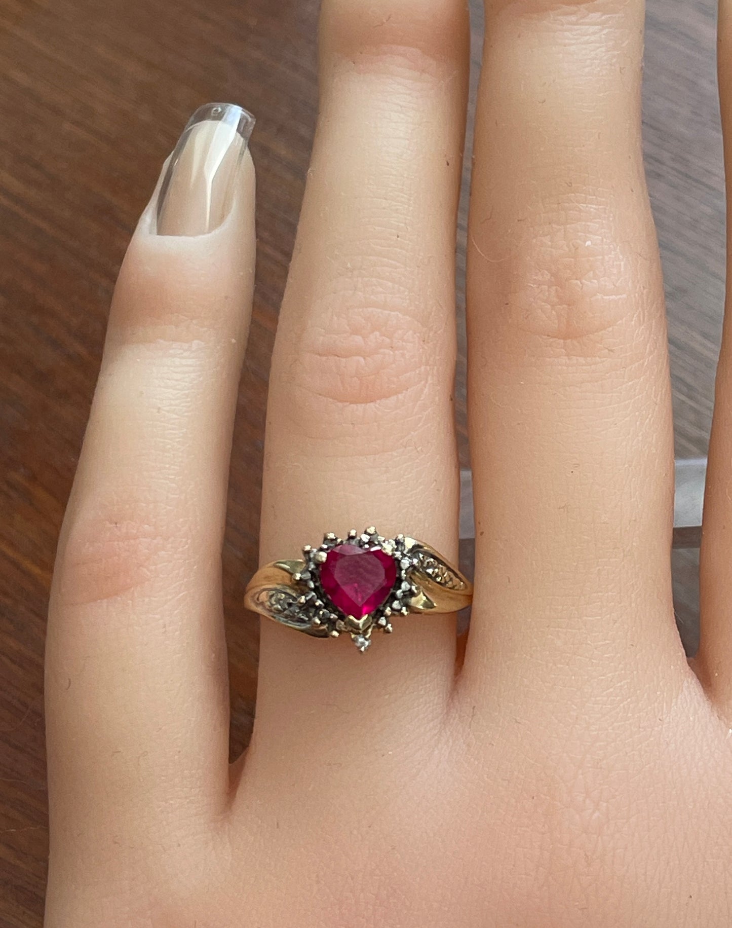 10k Yellow Gold Ring Simulated Ruby Heart with Diamond Accent Sz 7.25