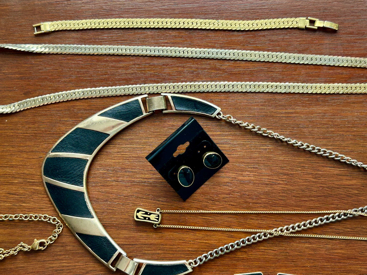 Vintage to Now Black Gold Tone Jewelry Lot Some Signed Flat Chains Bangles More