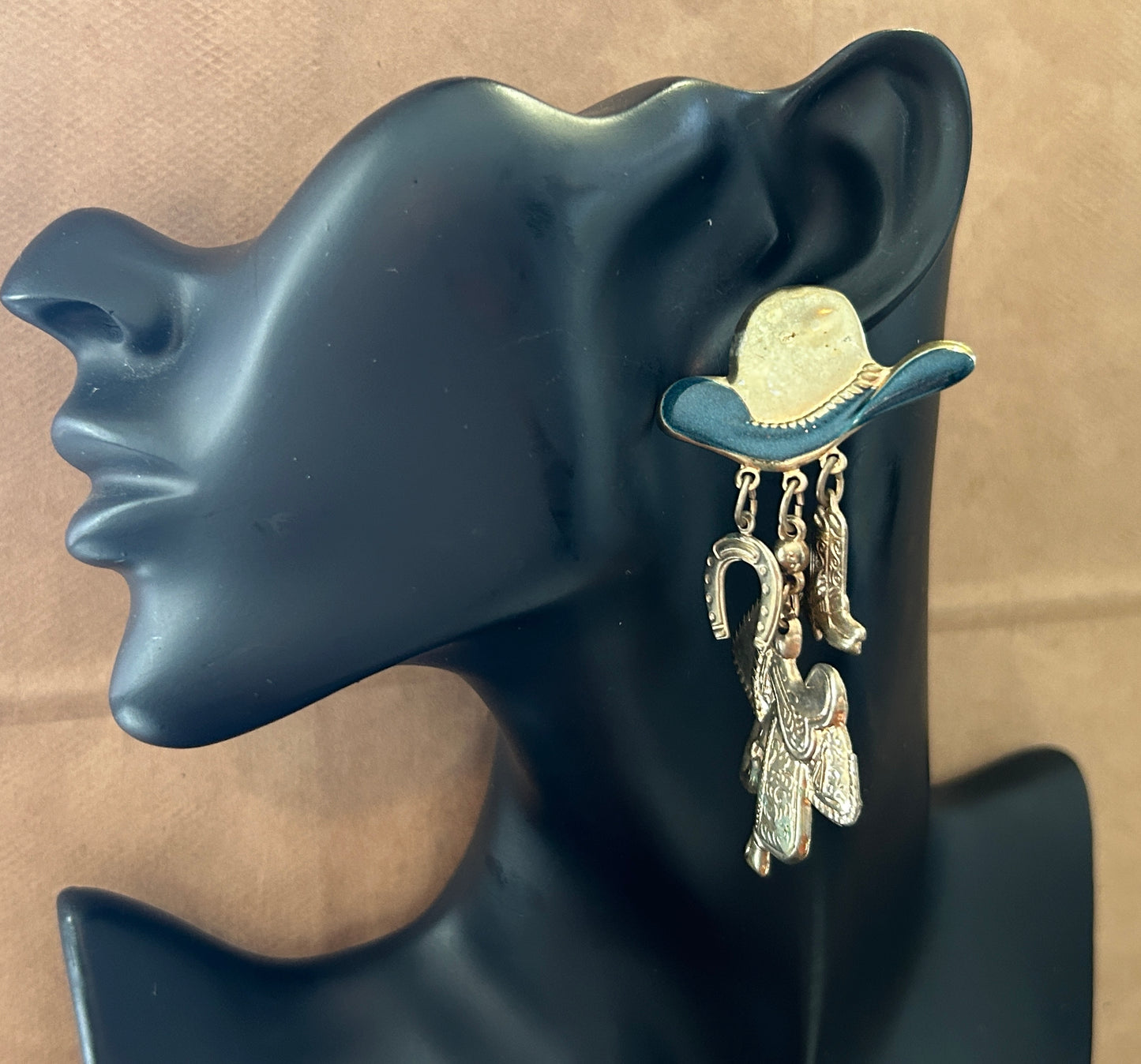 Vintage Metal Blue Enamel Saddle Boots Horseshoe Hat Cowgirl Pierced Earrings