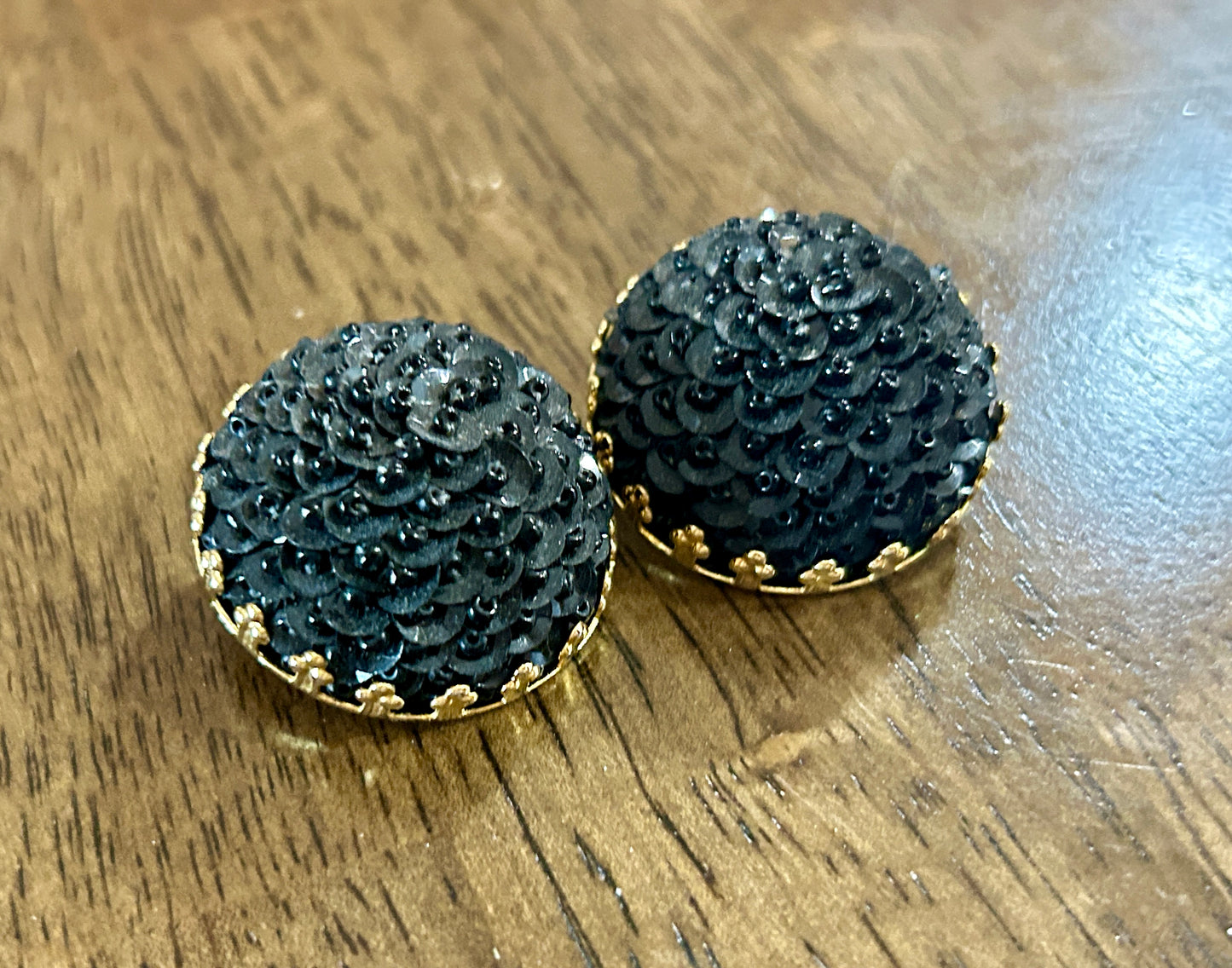 Vintage Gold Tone Domed Black Sequin Large Clip On Earrings