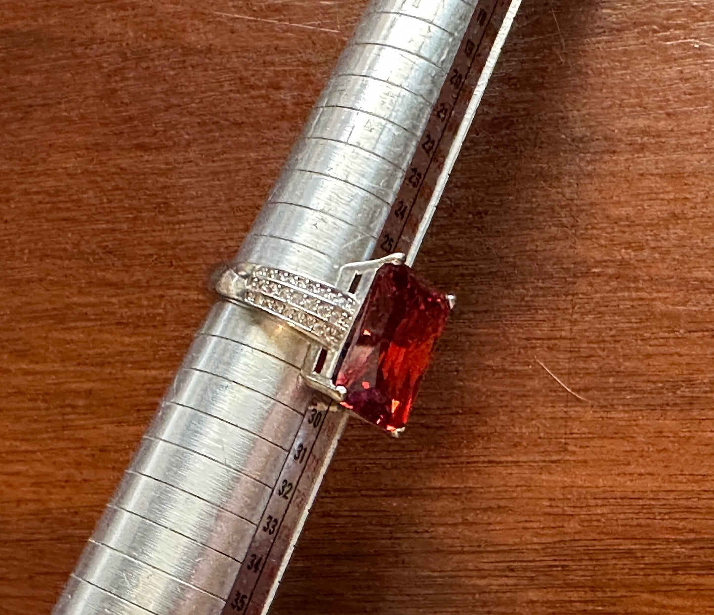 Sterling Silver 925 Large Rhinestone Emerald Cut Red Stone Cocktail Ring Sz 12