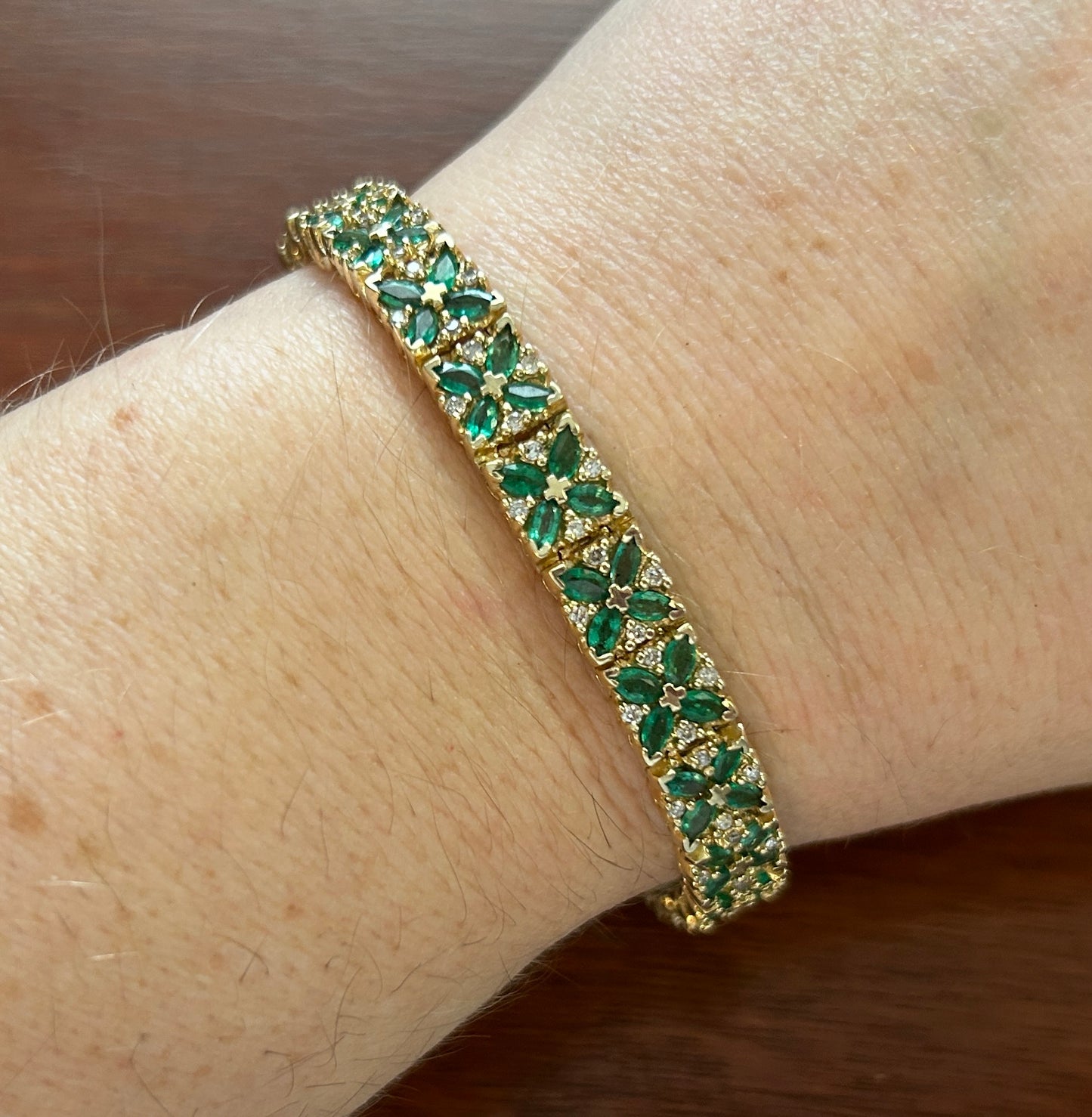 Signed BITA 14k Yellow Gold Marquise Emerald Diamond Accent Tennis Bracelet