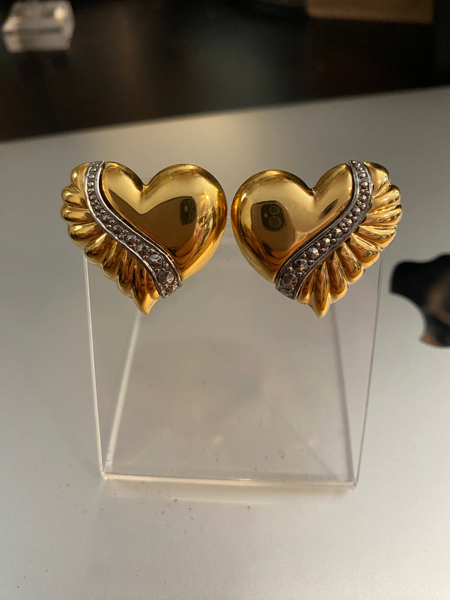 Vintage Gold Tone Large Heart Post Back Earrings Rhinestone Accent