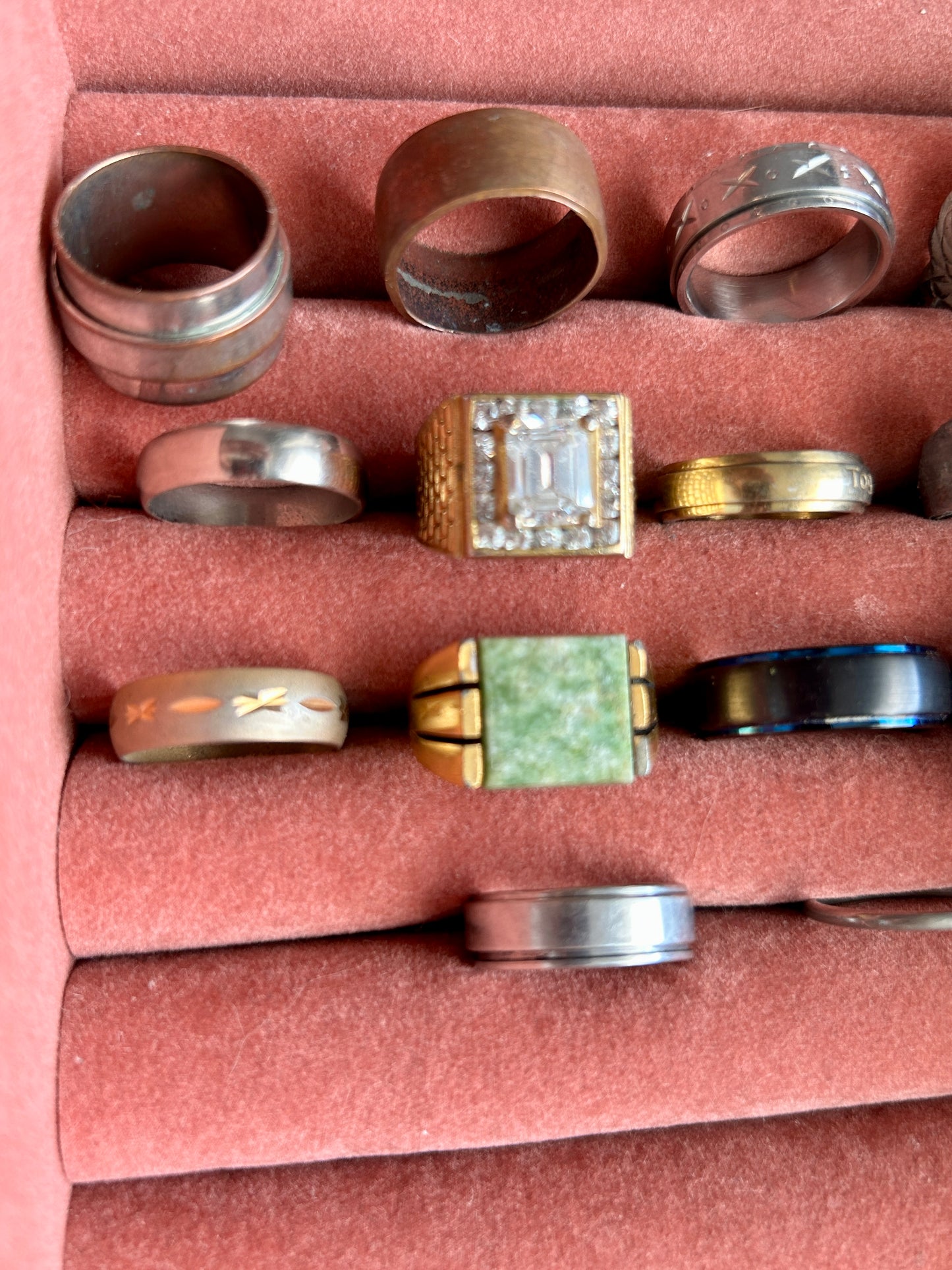 Vintage to Now Mens Ring Lot Faux Jade Rhinestone Signed Band Copper Gold Silver