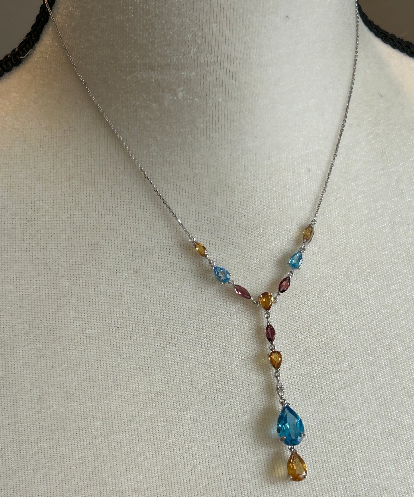 14k White Gold Diamond Blue Pink Topaz Citrine Y Drop Necklace