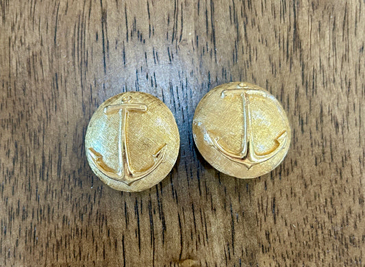 Vintage Large Gold Tone Textured Anchor Nautical Design Clip on Earrings