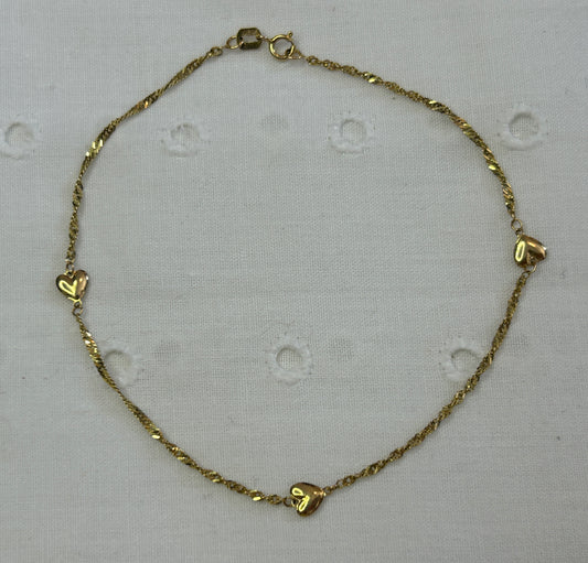 14k Yellow Gold Heart Chain Anklet Ankle Bracelet 9" Long