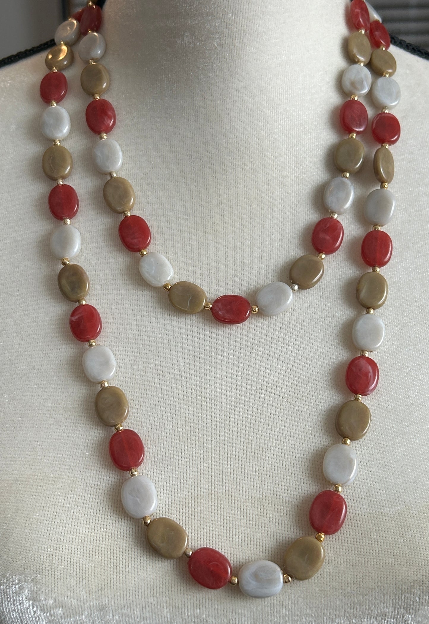 Vintage Red White Greenish Tan Flat Oval Beaded Long Opera Length Necklace