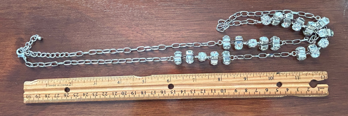 Vintage Silver Tone Chain Necklace Long Clear Rhinestones