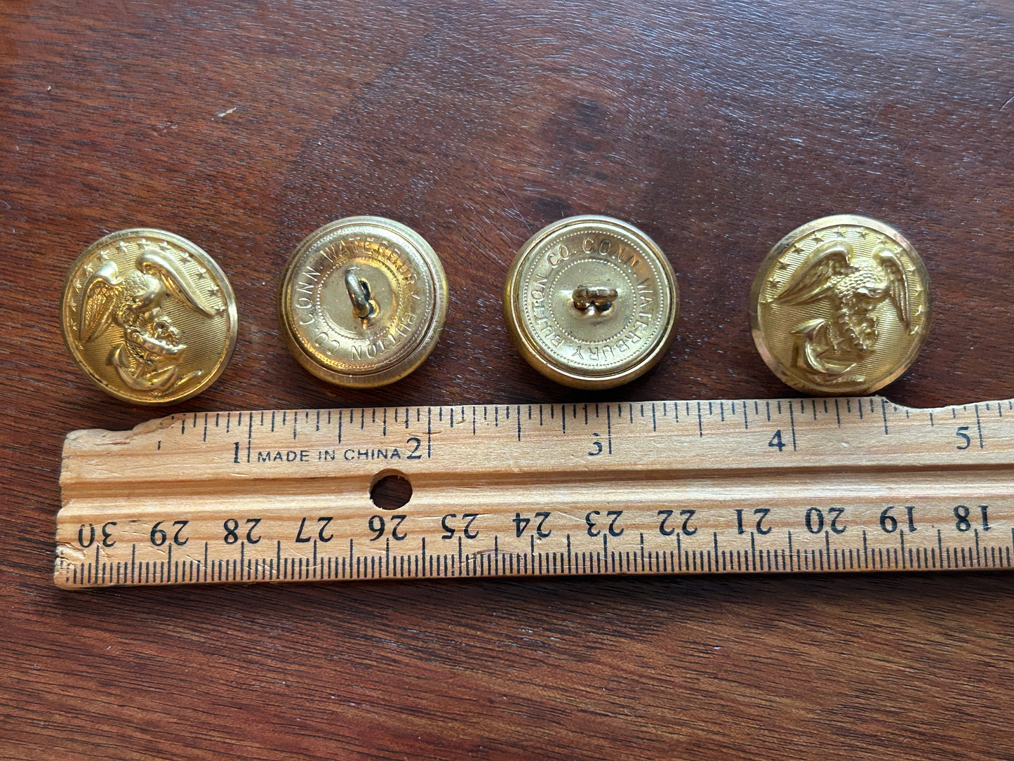 Vintage Lot of 4 Waterbury Button Co Large Domed Military Buttons Gold Tone