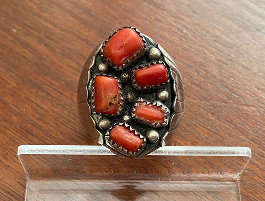 Sterling Silver 925 Red Coral Native American Ring Sz 10 Signed Shakey