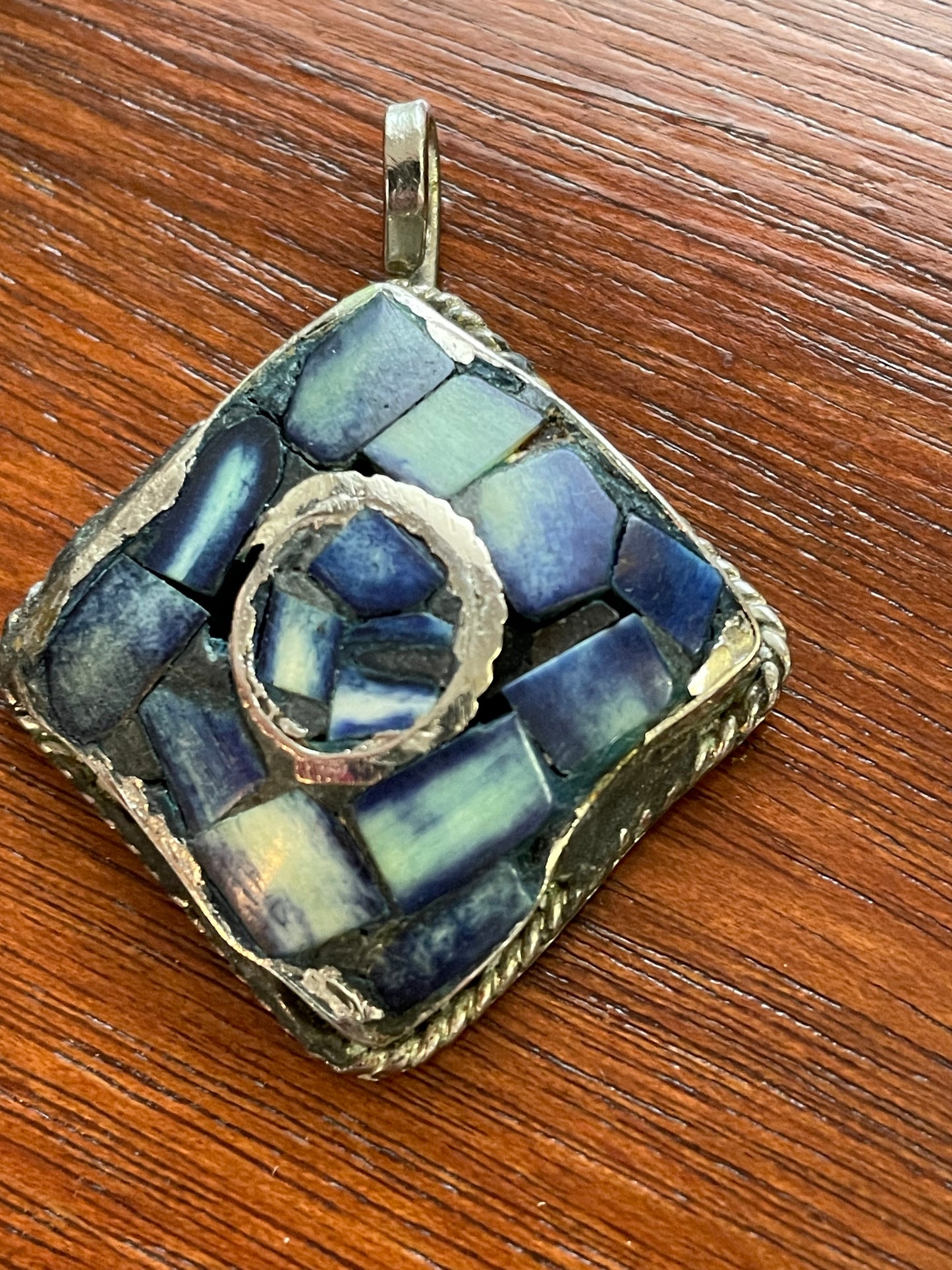 Vintage Silver Tone Blue Stone Inlay Necklace Pendant